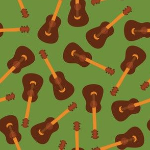 Ukulele print. Acoustic guitars on a green background. Music instrument. 