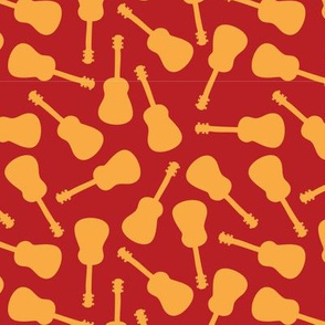 Guitar silhouettes orange yellow on a red background. Ukulele pattern.