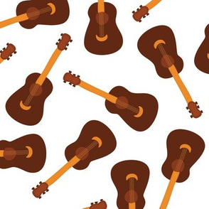 Guitars on a white background. Acoustic guitars. Scattered guitars. Ukulele. Music instruments pattern. 