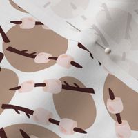 Marshmallows on sticks on a white background with brown circles. Summer camp. Camping print. 