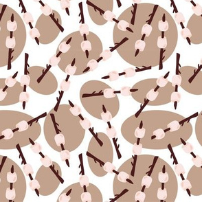 Marshmallows on sticks on a white background with brown circles. Summer camp. Camping print. 