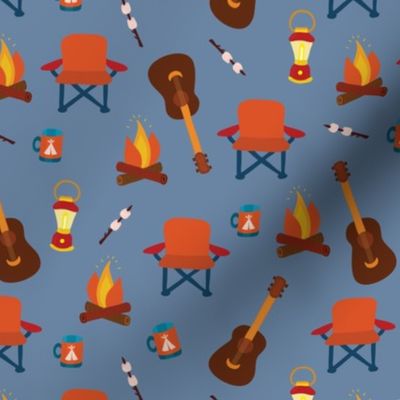 Camping print. Camping chair, campfire, coffee mug, marshmallow, camping lantern, and guitar on a blue background.