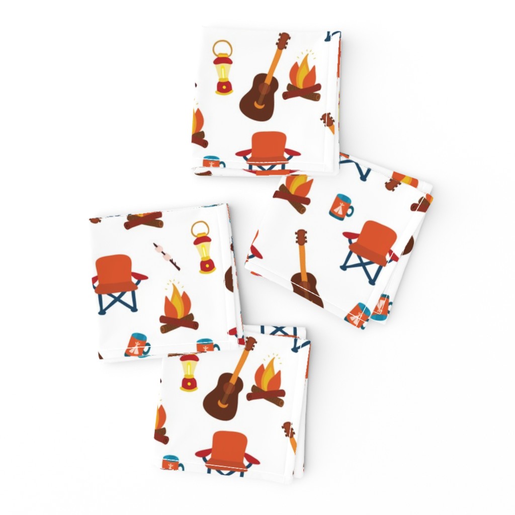 Camping print. Camping chair, campfire, coffee mug, marshmallow, camping lantern, and guitar on a white background.