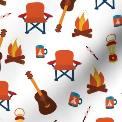 Camping print. Camping chair, campfire, coffee mug, marshmallow, camping lantern, and guitar on a white background.