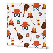 Camping print. Camping chair, campfire, coffee mug, marshmallow, camping lantern, and guitar on a white background.