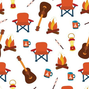 Camping print. Camping chair, campfire, coffee mug, marshmallow, camping lantern, and guitar on a white background.
