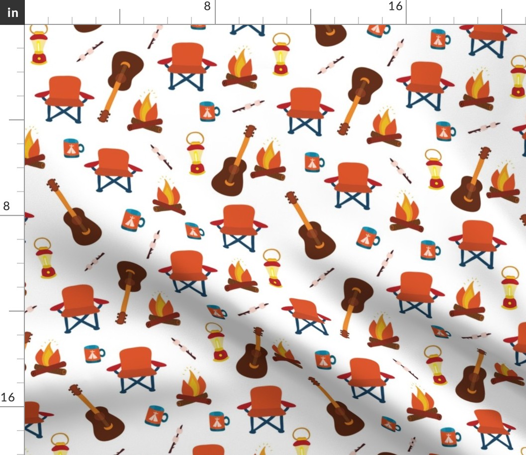 Camping print. Camping chair, campfire, coffee mug, marshmallow, camping lantern, and guitar on a white background.