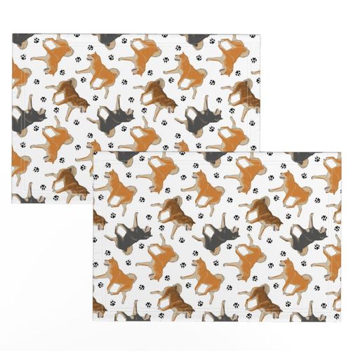 Trotting Shiba Inu and paw prints B - white