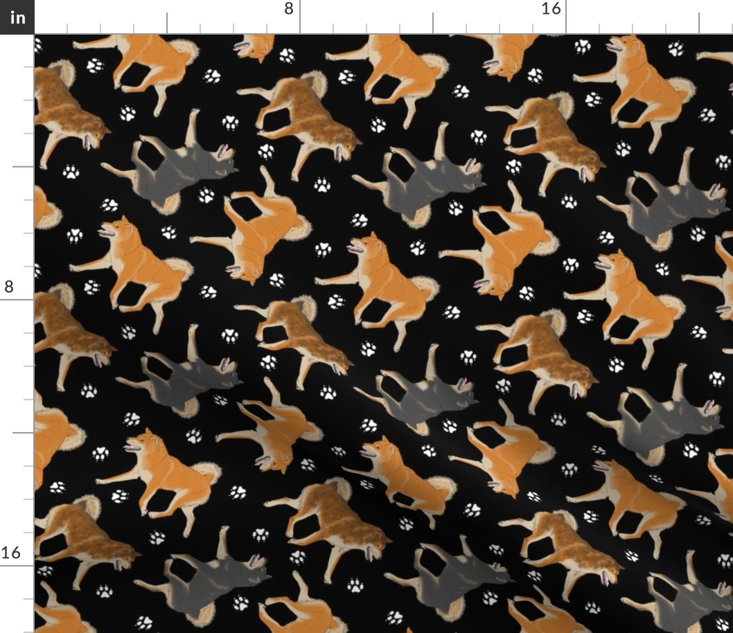 Trotting Shiba Inu and paw prints B - black