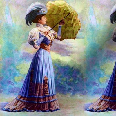 victorian edwardian big feather hats green parasol umbrella blue gown trees beautiful young woman lady 19th 20th century romantic  shabby chic  beauty vintage antique elegant gothic lolita egl    