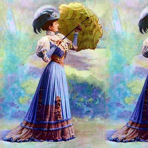 victorian edwardian big feather hats green parasol umbrella blue gown trees beautiful young woman lady 19th 20th century romantic  shabby chic  beauty vintage antique elegant gothic lolita egl    