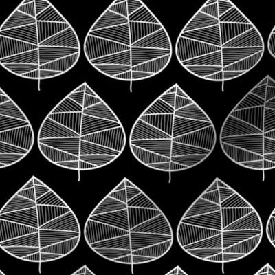 Geometric white doodle leaves on a black background.