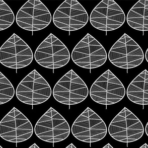 Geometric white doodle leaves on a black background.