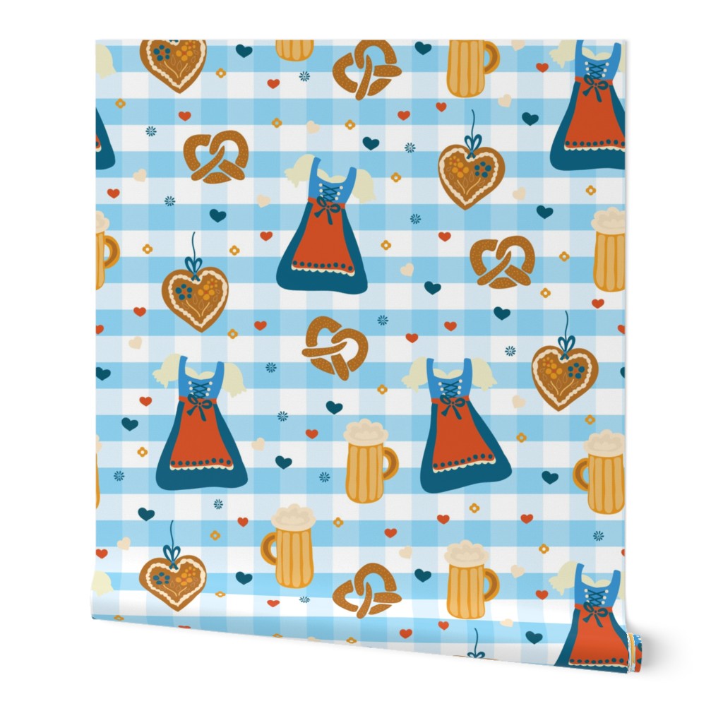 Oktoberfest print. Dirndl dress, beer glasses, pretzels, and gingerbread hearts on a blue and white checkered background. 