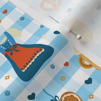 Oktoberfest print. Dirndl dress, beer glasses, pretzels, and gingerbread hearts on a blue and white checkered background. 