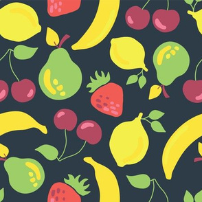 Fruit salad - bananas, cherries, pears, lemons, and strawberries