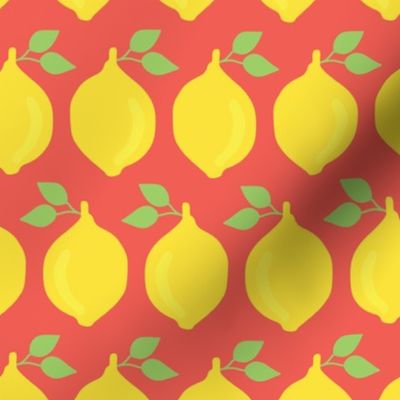 Yellow lemons lined up on red background. 