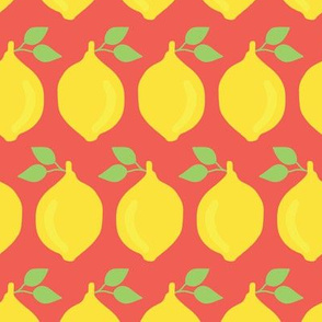 Yellow lemons lined up on red background. 