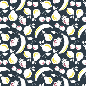 White silhouettes of bananas, strawberries, lemons, pears, and cherries on a black background