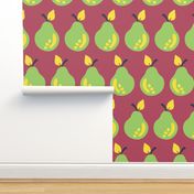 Pears lined up on a cheery red background