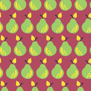 Pears lined up on a cheery red background