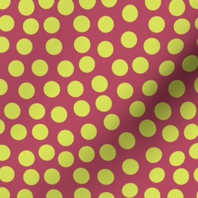 Lime green polka dots on a cherry red background.