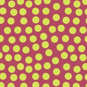 Lime green polka dots on a cherry red background.