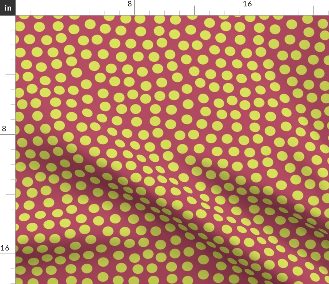 Lime green polka dots on a cherry red background.
