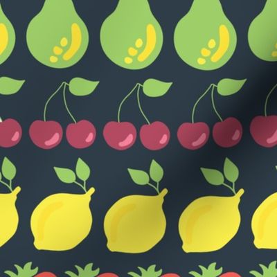 Pears, strawberries, lemons, and cherries in rows