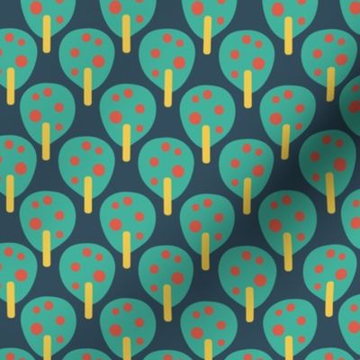 Retro apple trees teal on blue