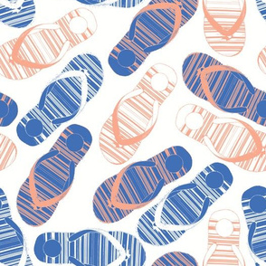 Flip flops coral and blue on a white background. Distressed look.