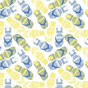 Flip flops yellow and blue on a white background. Distressed look. Smaller scale.