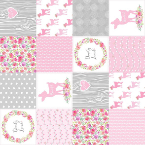 Woodland Deer Floral Patchwork – Dearly Loved – Pink Fawn Baby Girl Quilt Top  ROTATED