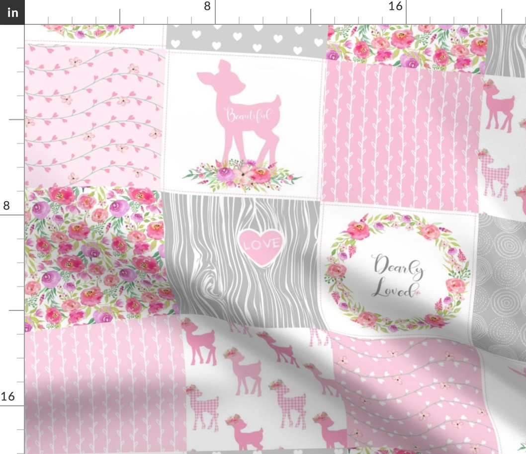 Woodland Deer Floral Patchwork – Dearly Loved – Pink Fawn Baby Girl Quilt Top 