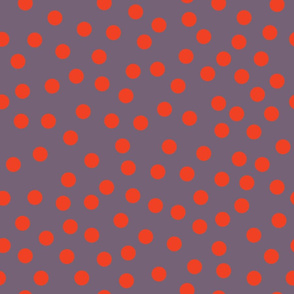 Red polka dots on a purple background randomly placed