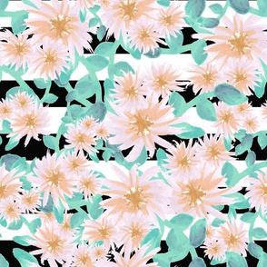 Watercolor flowers on a black and white striped background