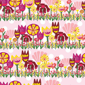 Flower meadow. Yellow, purple, and pink flowers on pink and white polka dot background. 