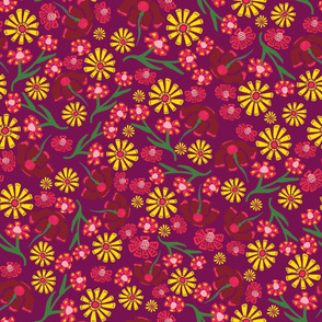 Scattered yellow and pink flowers on a purple background.