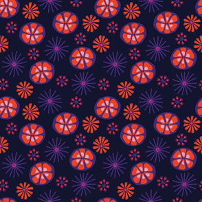 Abstract purple and red flowers on a dark purple background.