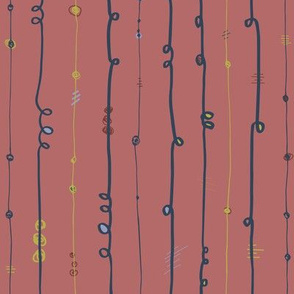 Vertical doodle curl stripes blue and lime on a dark coral brown background