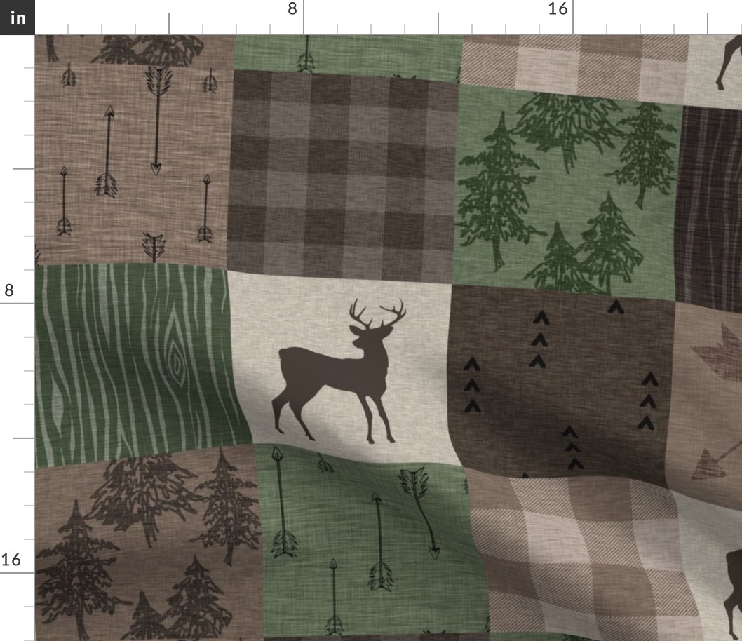 Woods Quilt - Hunter Green and Brown - Deer and Arrows - Woodland Cheater Quilt - Cabin Decor
