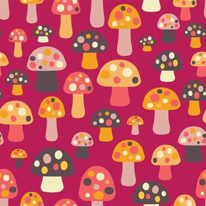 Mushrooms orange, pink, brown on a dark pink background.