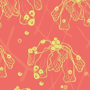 Doodle flowers yellow on a coral background