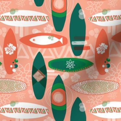 Surfboards pink orange coral green white on a peach background. Triangles hibiscus flowers fishes. Hawaiian print. Distressed look.