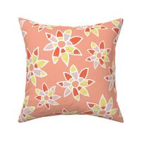 Abstract orange coral pink lime yellow white flowers on a peach background. Distressed look.