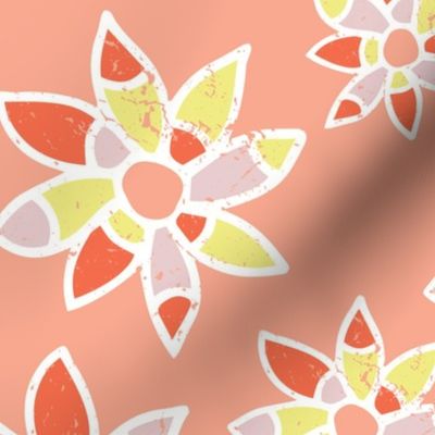 Abstract orange coral pink lime yellow white flowers on a peach background. Distressed look.