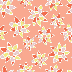 Abstract orange coral pink lime yellow white flowers on a peach background. Distressed look.