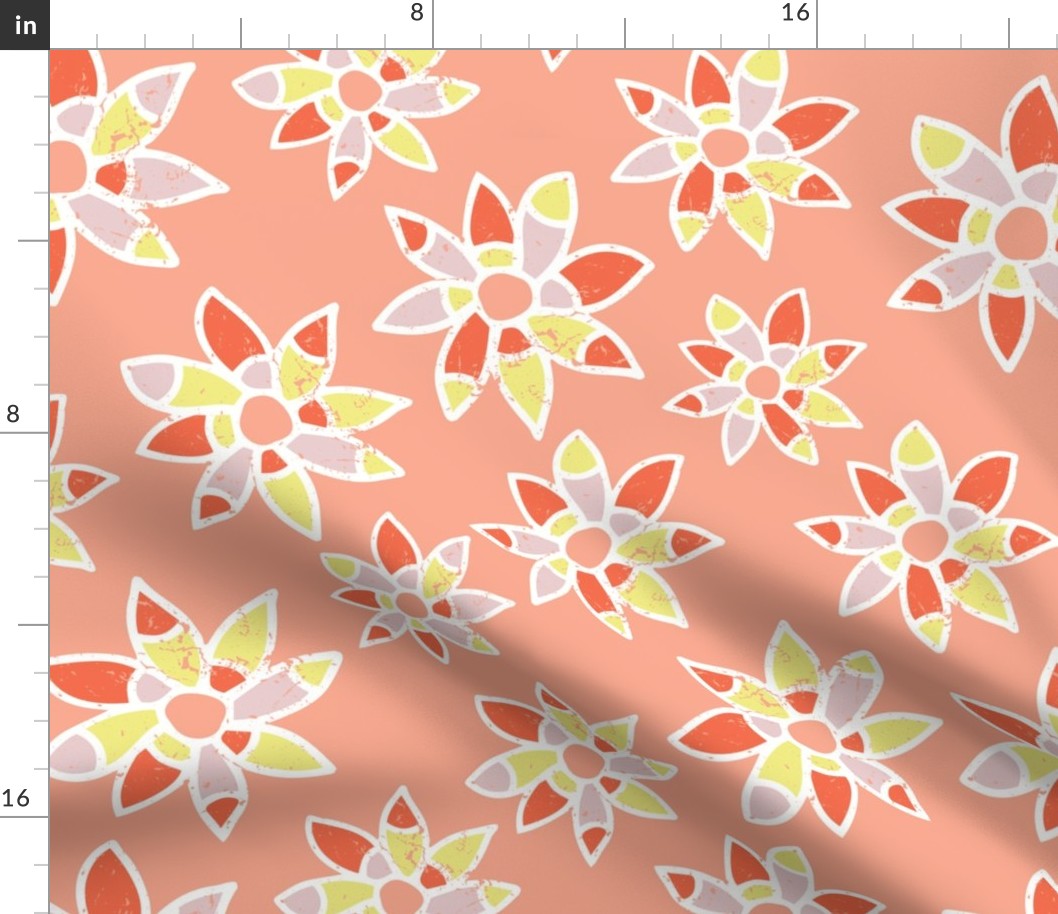 Abstract orange coral pink lime yellow white flowers on a peach background. Distressed look.