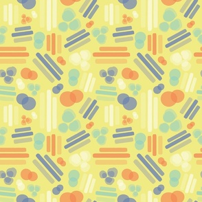 Abstract geometric shapes. Stripes rectangles dots bubbles circles orange coral white blue on a lime yellow background. Layered geometric shapes.