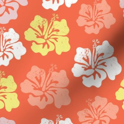 Hibiscus flower silhouettes. Yellow, coral and white Hawaiian hibiscus flowers on an orange background. Vintage distressed look.